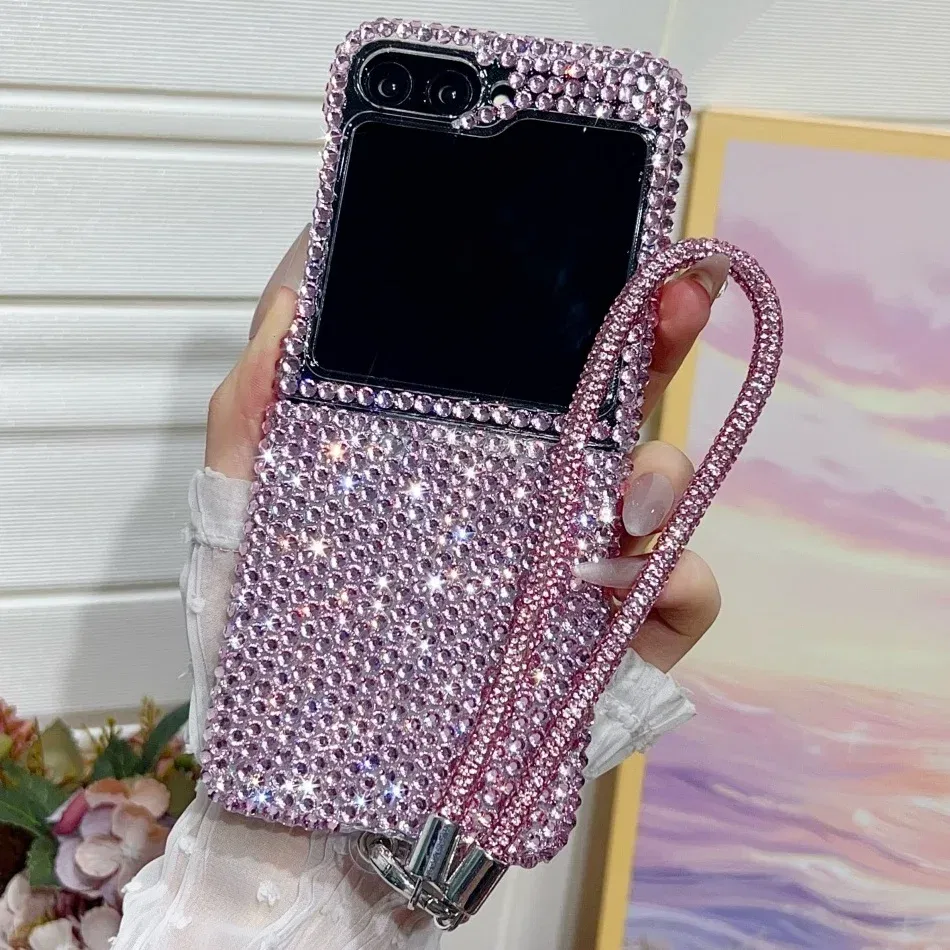 Color: black, Material: Cotton - Full Shiny Diamonds Cover Funda For Samsung Galaxy Z Flip 7 Wrist Strap Case For Samsung z flip 6 zflip5 zflip4 3 Luxury Case