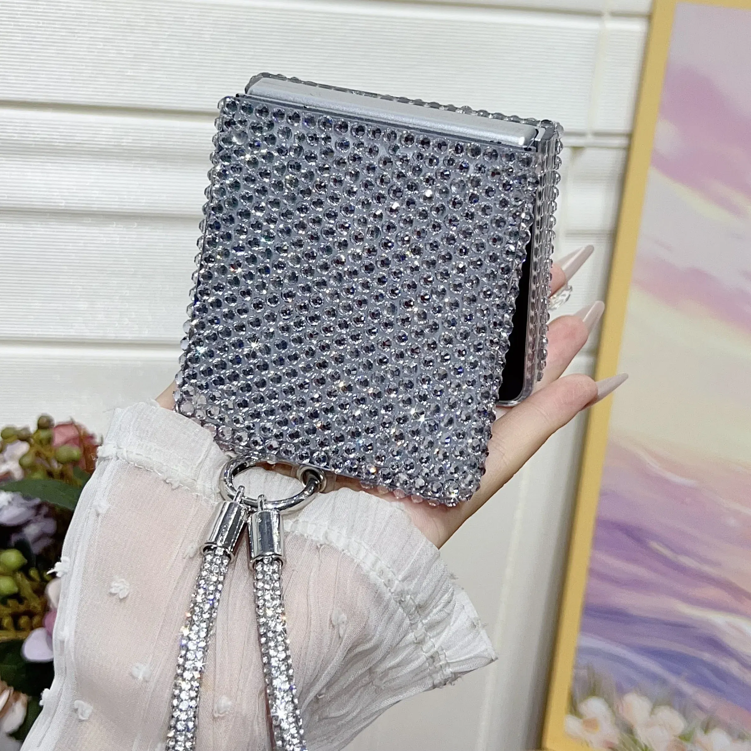 Color: black, Material: Cotton - Full Shiny Diamonds Cover Funda For Samsung Galaxy Z Flip 7 Wrist Strap Case For Samsung z flip 6 zflip5 zflip4 3 Luxury Case