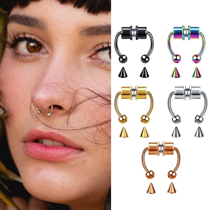 Metal color: RED - Women Fake Piercing Nose Ring Hoop Septum Non Piercing Nose Clip Rock HipHoop Stainless Steel Magnet Fashion Punk Body Jewelry