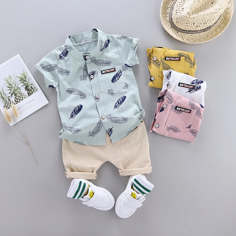 Color: Blue, Kid Size: 6M - 0-3 Year Old Baby Summer Feather Print Shirt Short Sleeve Suit