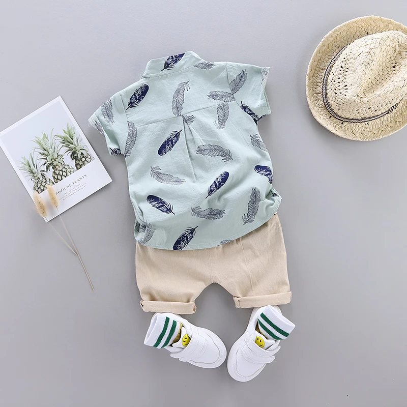Color: Blue, Kid Size: 6M - 0-3 Year Old Baby Summer Feather Print Shirt Short Sleeve Suit