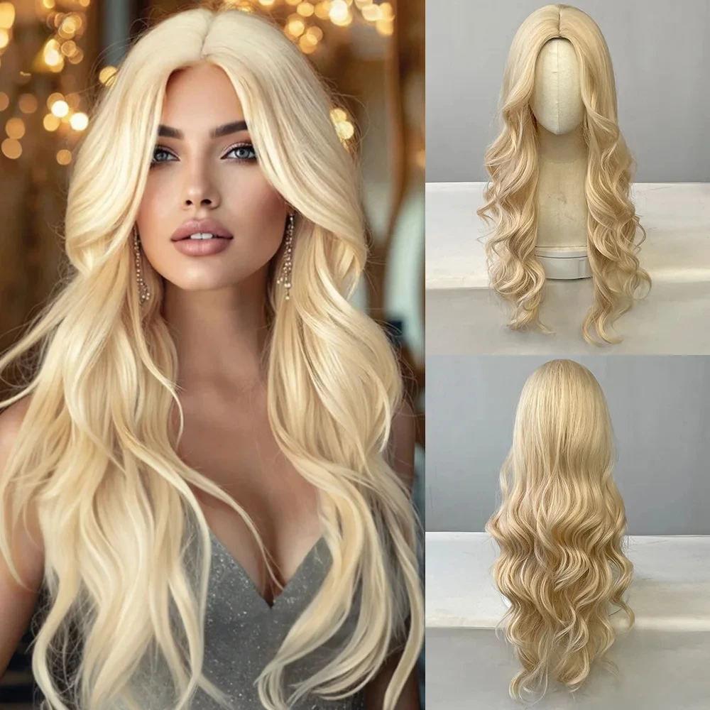Color: #33 - Black synthetic wig with middle-parted long hair and big waves for party or daily use. High-temperature synthetic hair cap.