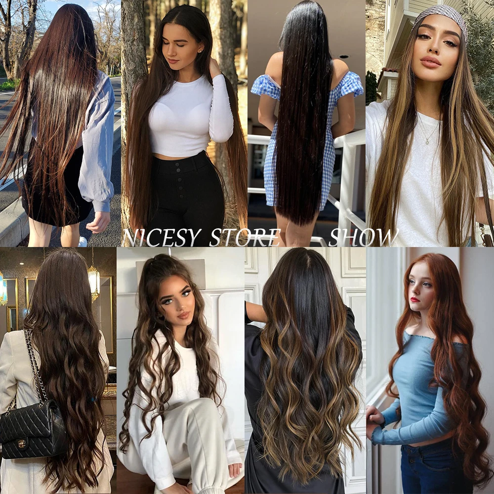 Color: P4/24, Stretched Length: 22inches, Ships From: CHINA - Synthetic Natural Wavy No Clip Fish Line Invisible Hair Extensions Mixed Color Blonde Black Artificial False Hair Piece ForWomen
