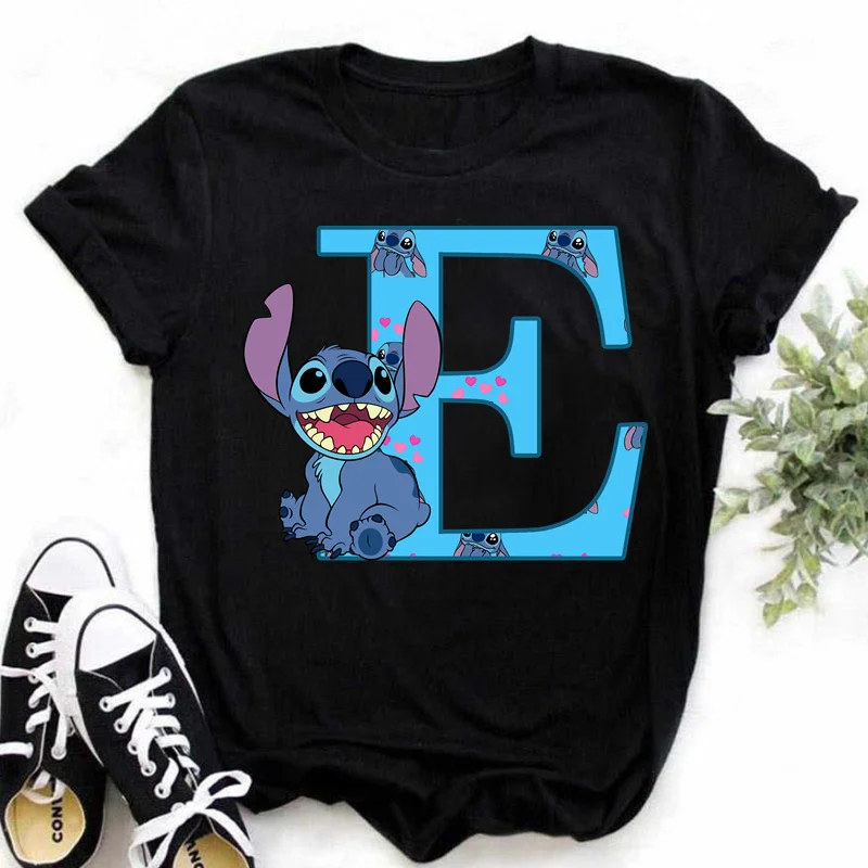 Color: GRAY, Size: XXL - Disney Lilo&Stitch A-Z Alphabet Summer Women's Printed T-Shirt Women's Casual Tops T-Shirt Fashion Cartoon Plus Size T-Shirt