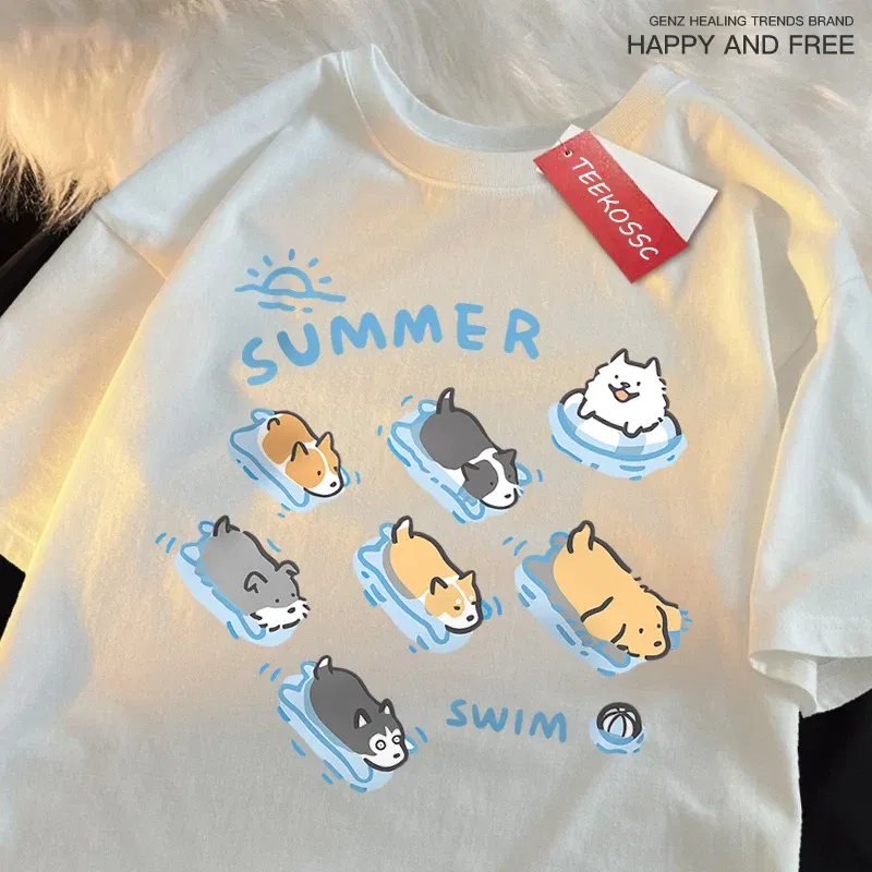 Color: WHITE, Size: XXXL - Fun Cat And Dog Swimming Japanese Style T-Shirt Female Casual Loose T-Shirts Summer Cotton Tops Fashion Breathable Tee Clothing