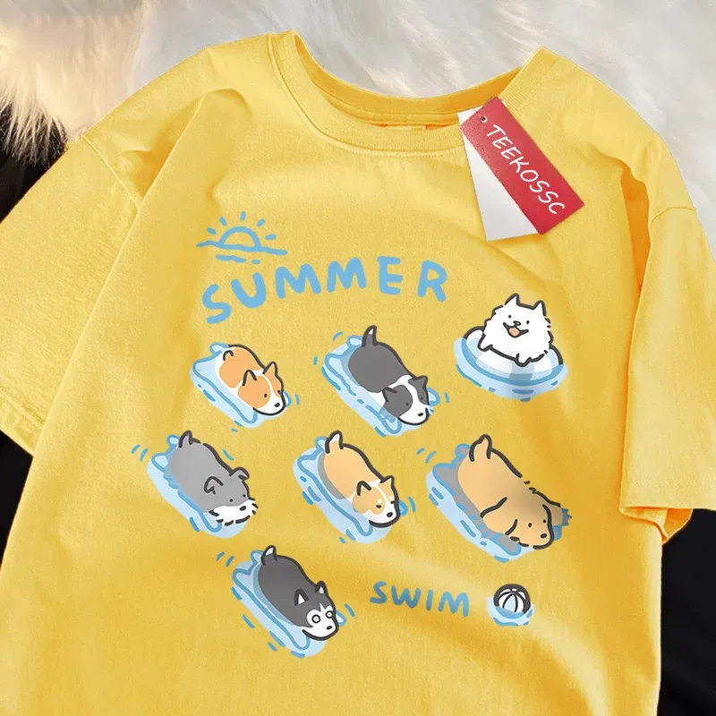Color: WHITE, Size: XXXL - Fun Cat And Dog Swimming Japanese Style T-Shirt Female Casual Loose T-Shirts Summer Cotton Tops Fashion Breathable Tee Clothing