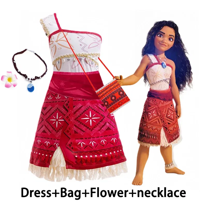 Color: Khaki, Kid Size: 18 - Disney Movie Moana 2 Girl Dress Cosplay Party Costume Ocean Adventure Princess Fancy Clothes Children Vaiana Outfit Dress