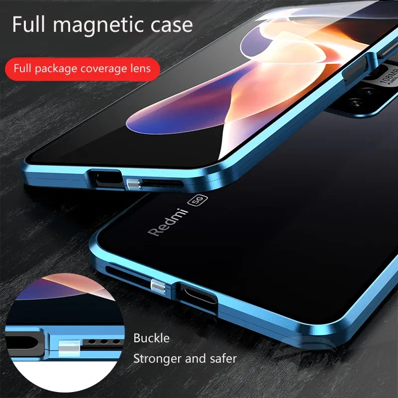 Color: Blue, Bundle: Case & Screen Protector, Material: ABS - Full Protection Case Metal Magnetic Double Sided Glass Snap Lock Case For XiaoMi Redmi Note 13 Pro Plus 5G Bumper Phone Cover