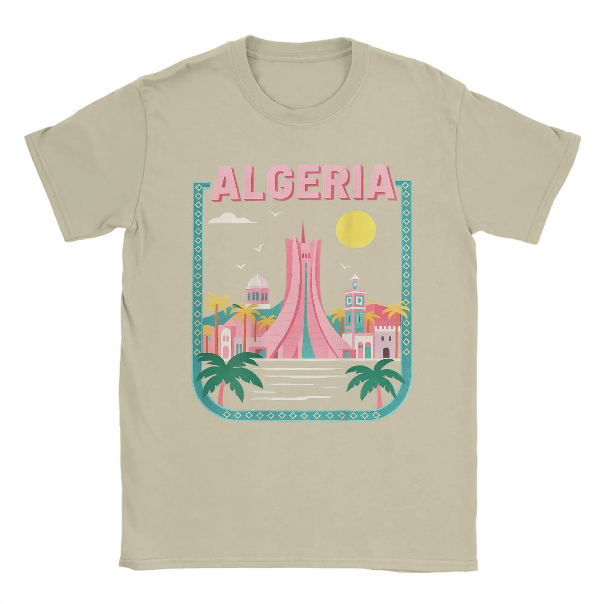 Color: Khaki, Size: L - Men Algeria DZ City Algerian T Shirts Africa Arab Pure Cotton Clothes Hipster Short Sleeve Crewneck Tees Gift Idea T-Shirt
