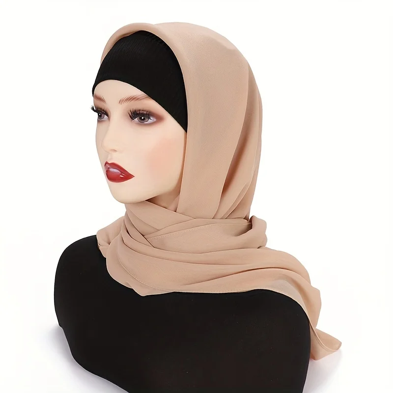 Color: green, Size: One Size - 110*110cm Chiffon Square Hijabs Scarf For Woman Muslim Turban Hat Islam Headscarf Women Plain Veil Jersey Hijabs Ramadan