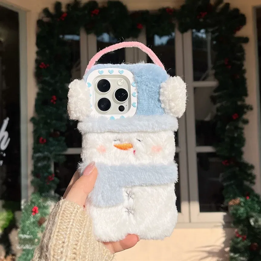 Color: Beige, Material: aluminum - Cute Cartoon Furry Snowman Case for iPhone 16 15 14 Pro Max 12 13 11 16Pro Plush Winter Warm Love Heart Soft Shockproof Cover