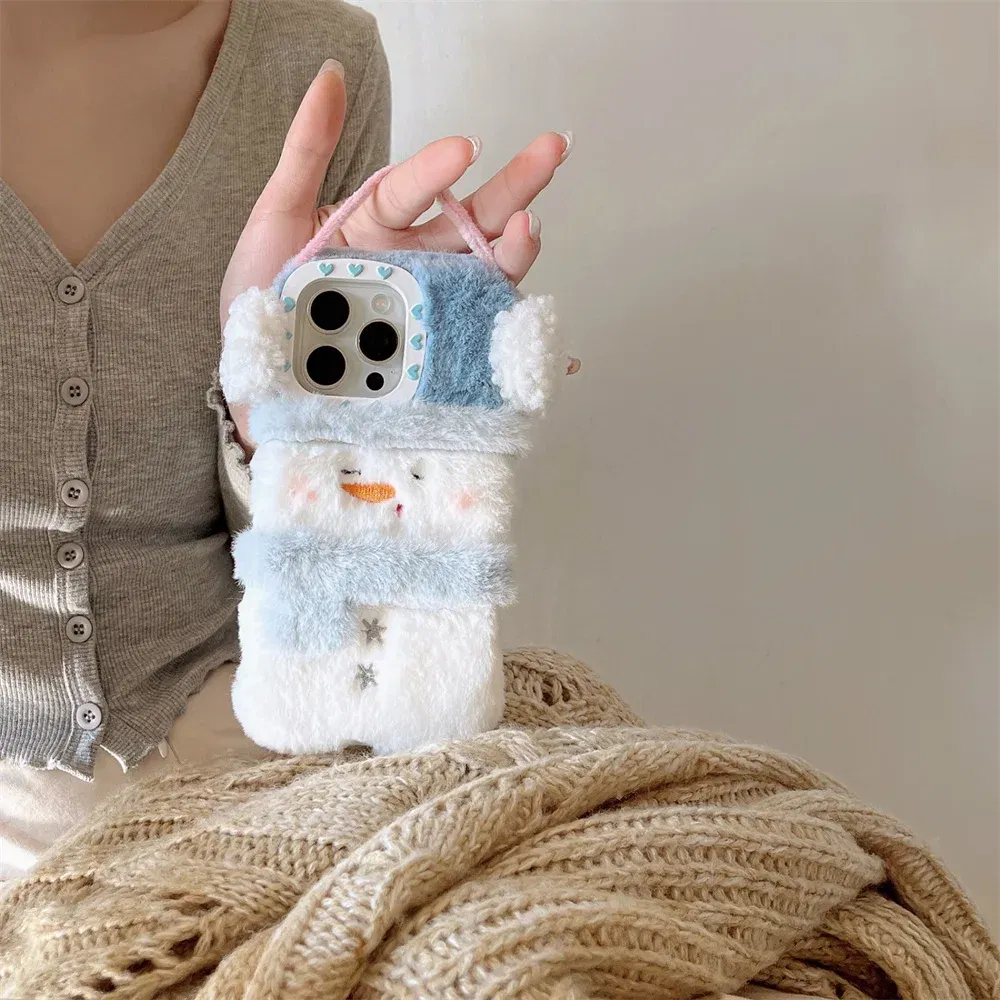Color: Beige, Material: aluminum - Cute Cartoon Furry Snowman Case for iPhone 16 15 14 Pro Max 12 13 11 16Pro Plush Winter Warm Love Heart Soft Shockproof Cover