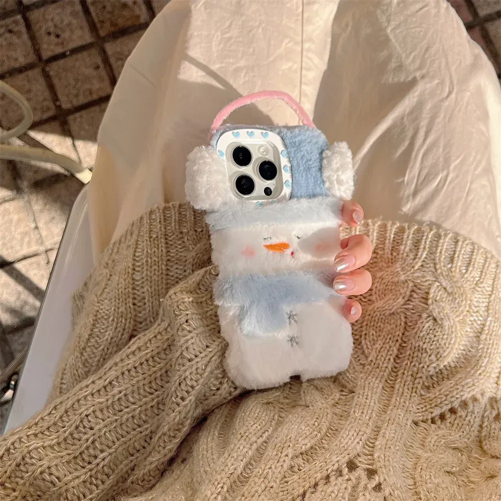 Color: Beige, Material: aluminum - Cute Cartoon Furry Snowman Case for iPhone 16 15 14 Pro Max 12 13 11 16Pro Plush Winter Warm Love Heart Soft Shockproof Cover