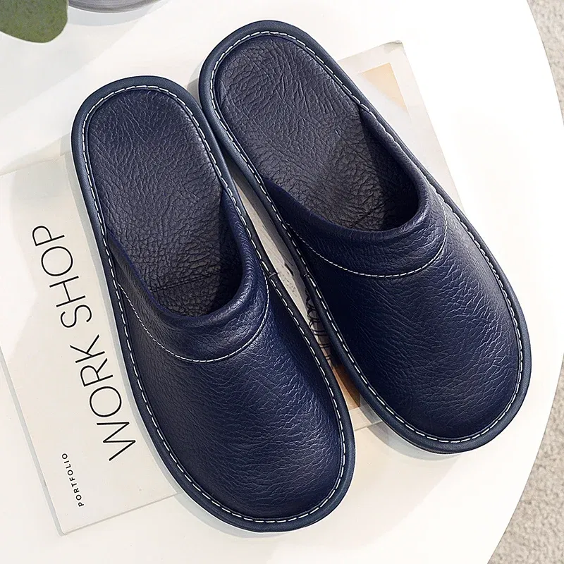 Color: Pink, Shoe Size: 10 - Mens Bedroom Leather Slippers Unisex Black Home Shoes Big Size 47 48 Man's Slippers Indoor Comfy Males Slides Family Flats Shoes