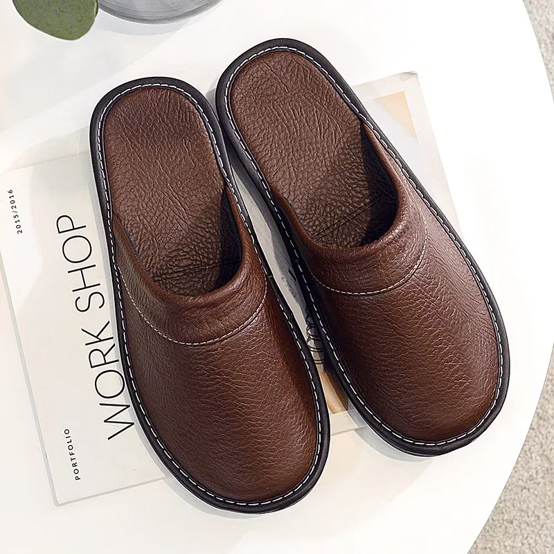 Color: Pink, Shoe Size: 10 - Mens Bedroom Leather Slippers Unisex Black Home Shoes Big Size 47 48 Man's Slippers Indoor Comfy Males Slides Family Flats Shoes
