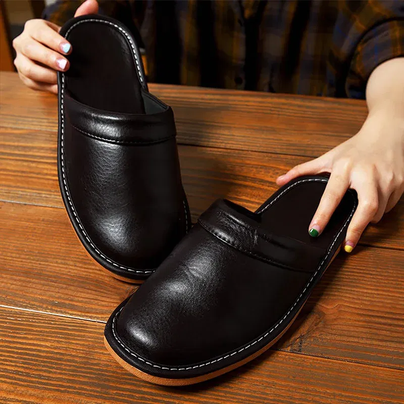 Color: Pink, Shoe Size: 10 - Mens Bedroom Leather Slippers Unisex Black Home Shoes Big Size 47 48 Man's Slippers Indoor Comfy Males Slides Family Flats Shoes