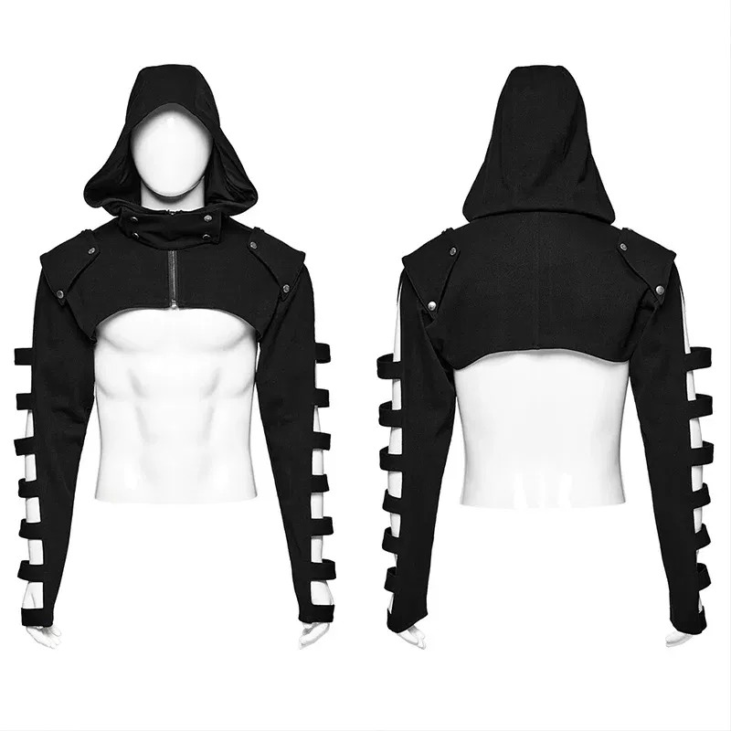 Color: black, Size: M - PUNK RAVE Men's Punk Sleeves Are Hollow Loop Straps Short Coat Handsome Cool Stand Up Collar Casual Mens Jacket Autumn