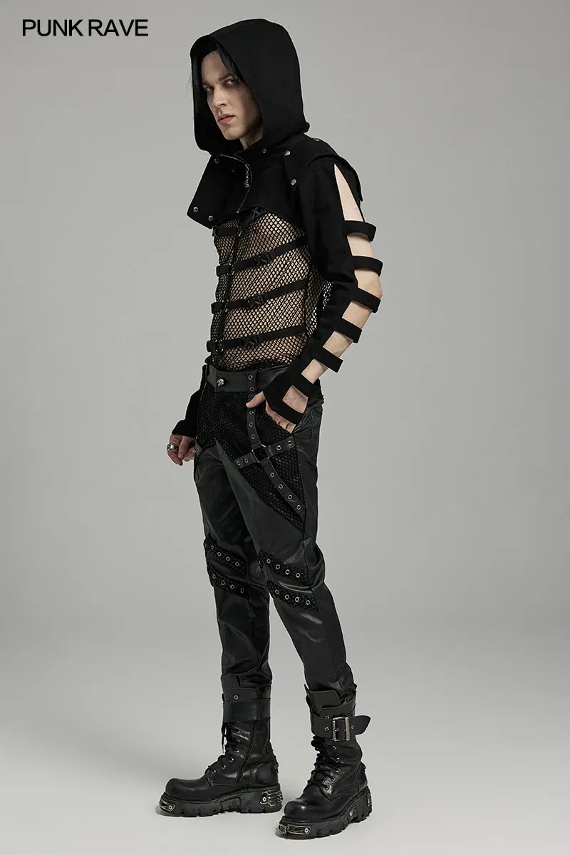 Color: black, Size: M - PUNK RAVE Men's Punk Sleeves Are Hollow Loop Straps Short Coat Handsome Cool Stand Up Collar Casual Mens Jacket Autumn