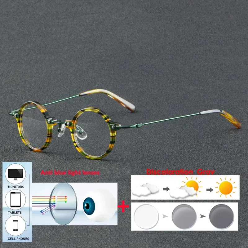 Frame Color: green, Eye Prescription: +50 - VCKA Anti-blue Discolor Acetate+Titanium Myopia Glasses Frames Small Round Men Prescription Optical Women Eyewear -0.50 to -10.0