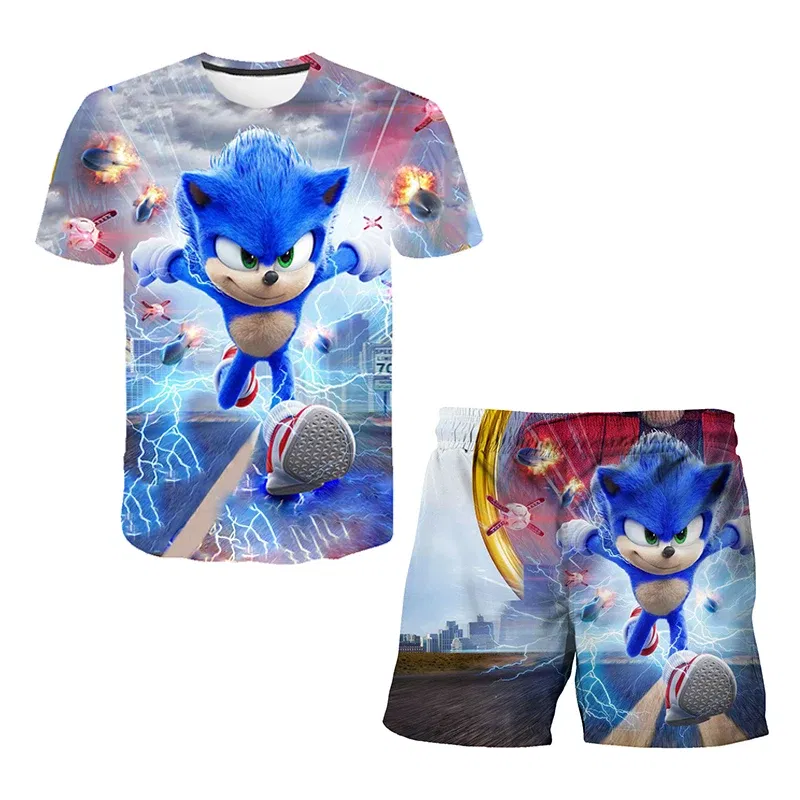 Color: green, Size: 25cm - New Japanese cartoon Sonic T-shirt children's top T-shirt shorts two-piece set summer boy cartoon cute T-shirt+beach pants