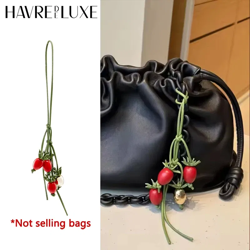 Color: Gold - Cowhide bag charm exquisite tomato string pendant woman all-match cute backpack pendant bag accessories