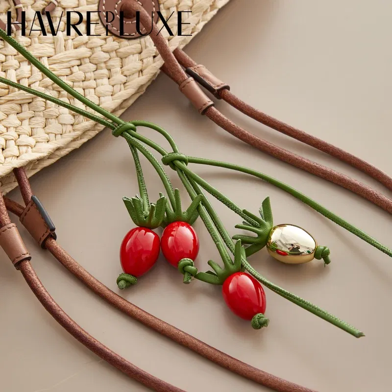Color: Gold - Cowhide bag charm exquisite tomato string pendant woman all-match cute backpack pendant bag accessories