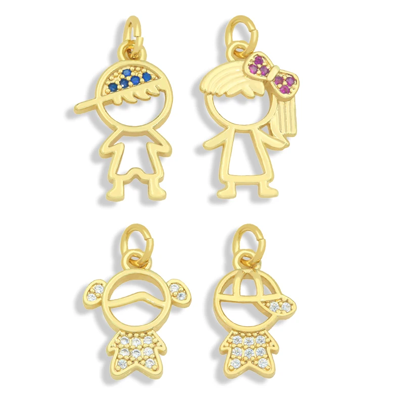 Metal color: BROWN - OCESRIO Gold Plated CZ Small Boy and Girl Charms for Necklaces Copper DIY Handmade Pendants for Earrings Wholesale chma091