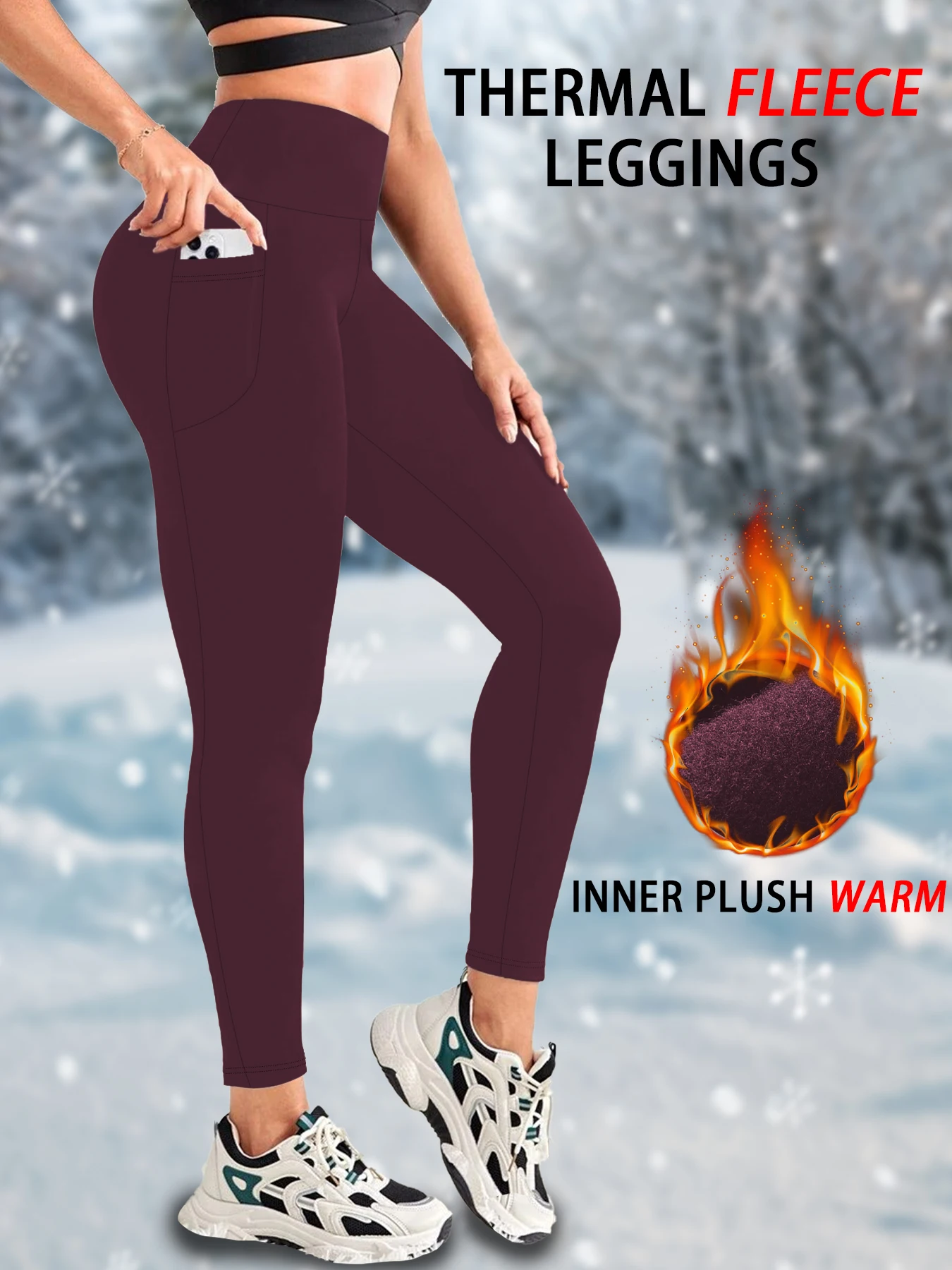 Color: Burgundy, Size: M - Womens Thermal Fleece Lined High Waisted with pockets Leggings, Workout Winter Warm Thick Tights Soft Yoga Running Pants