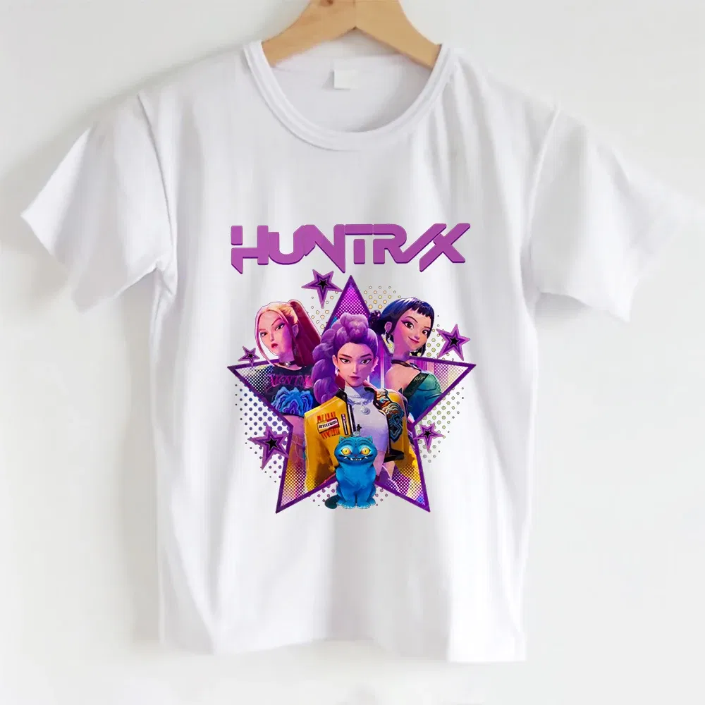 Color: Pink, Kid Size: 4T - KPOP Hunters Anime series pattern Girl T-shirt, Huntrix girl Group cute T-shirt