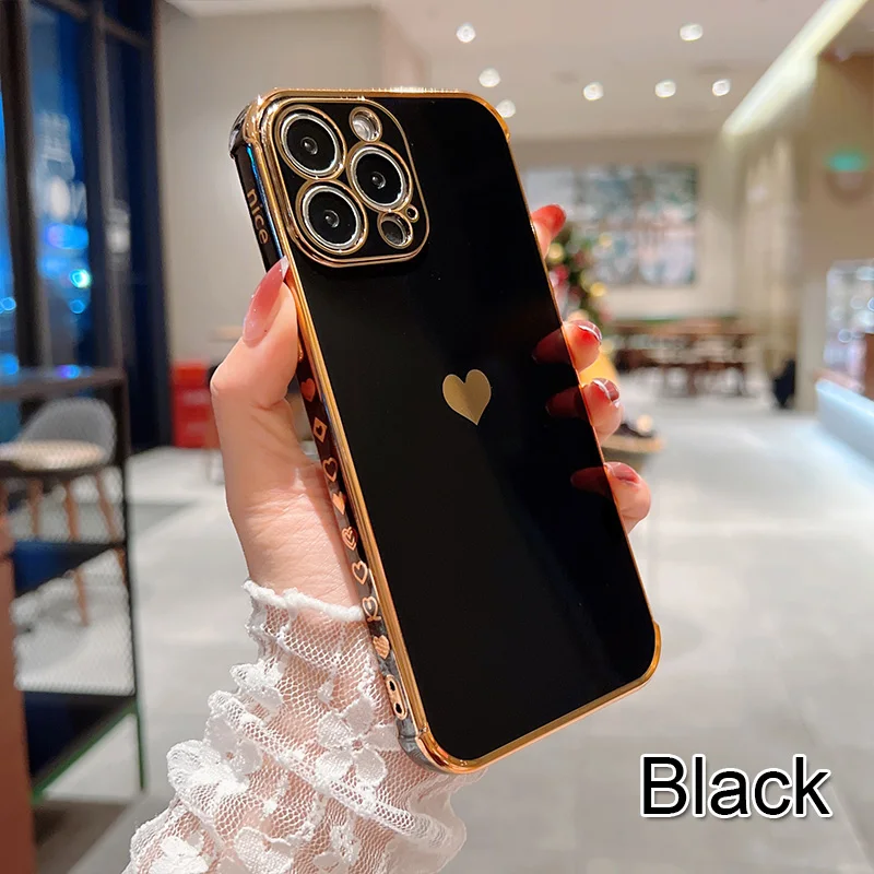 Color: black, Ships From: CN, Material: Microfiber - Electroplating Side Love Heart Phone Case For IPhone 16 15 14 13 12 11 Pro Max XR 8 Plus SE2/SE3 Shockproof Back Cover
