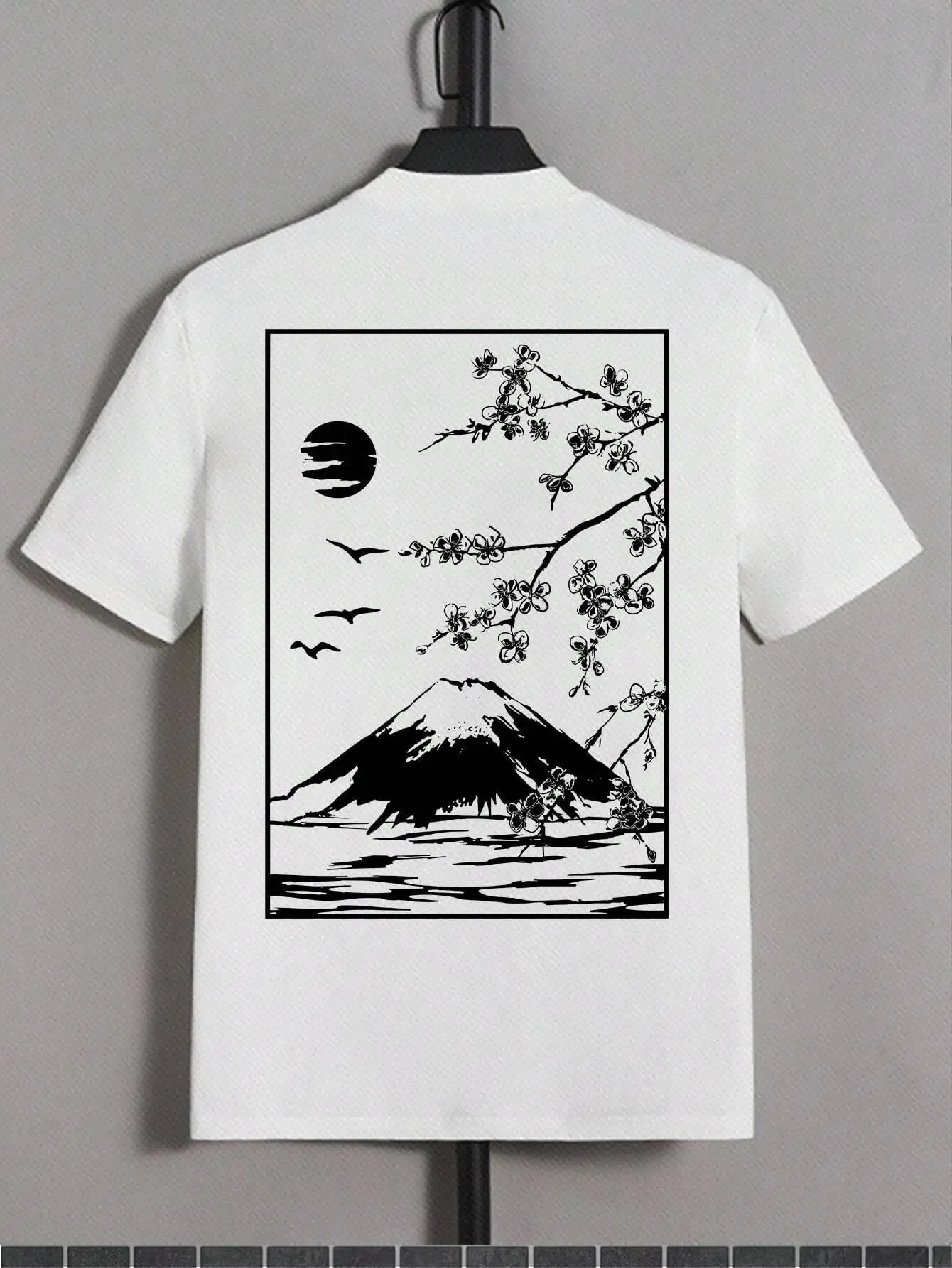 Color: black, Size: S - Tokyo Sakura Mount Fuji Business Card T Shirt Men Fashion Tee Clothing Cotton Summer Casual Tops Hip Hop Loose Cotton T-Shirt