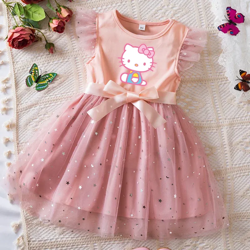 Color: GRAY, Kid Size: 4T - Hello Kitty Girls Sequin Tutu Dress with Bow Flutter Sleeves Summer Princess Party Outfit for Toddler Kids 2-6 Years