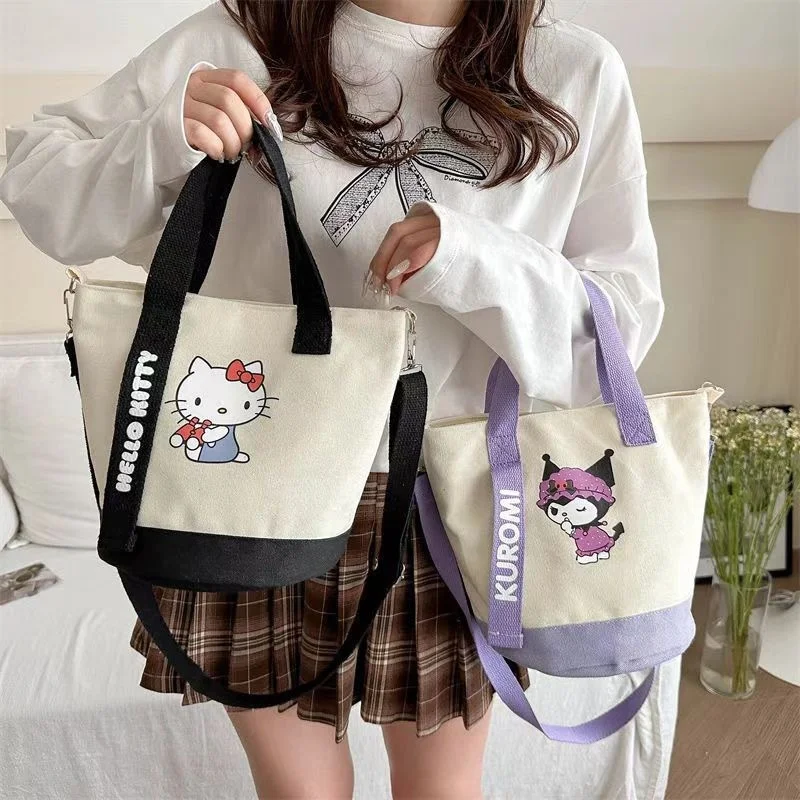 Color: black - Sanrio Hello Kitty Kuromi Canvas Shoulder Bag Kawaii Anime Print Lightweight Crossbody Purse for Girl