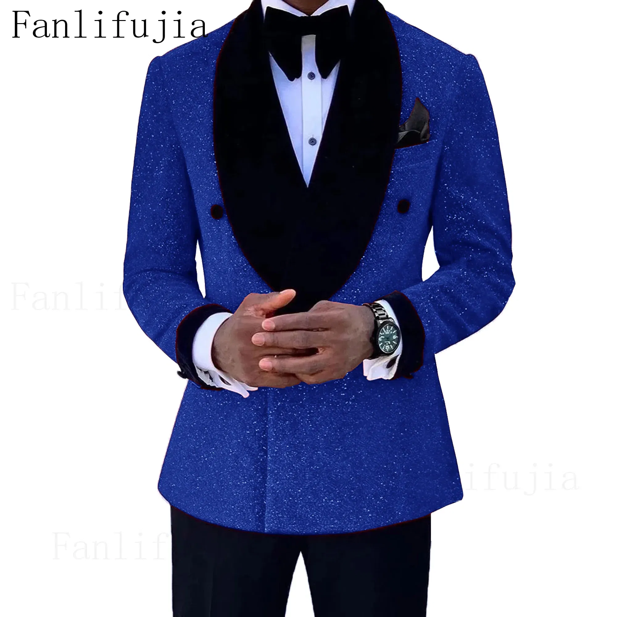 Color: ROYAL BLUE, Size: S - Fanlifujia Luxury Red Glitter Suits Men Groom Wedding Tuxedo Double Breasted Blazer Formal Evening Party Prom Dress 2 Pieces Set