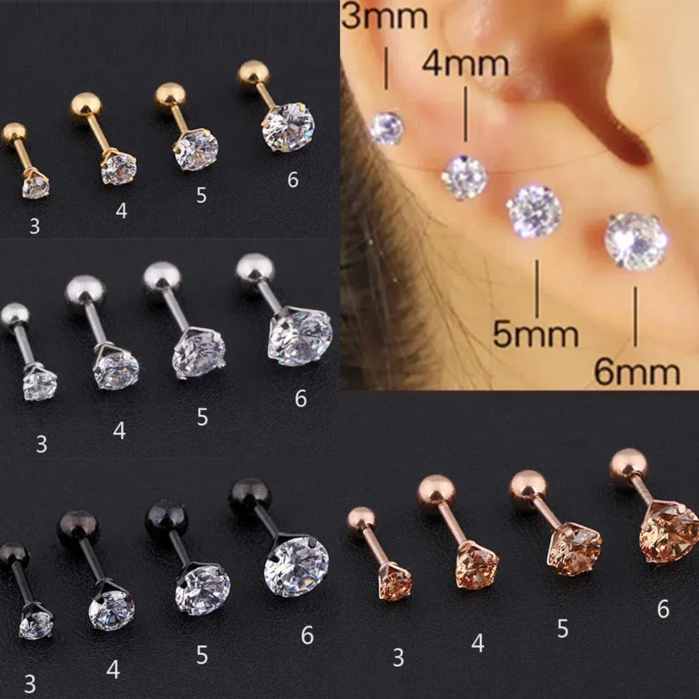 Metal Color: Pure Gold Color, Main Stone Color: black - 1Pc Small Round Cz Tragus Cartilage Titanium Steel 16G 4 Prong Ear Stud Earrings Tragus Helix Piercing Jewelry Sexy Body Jewelry