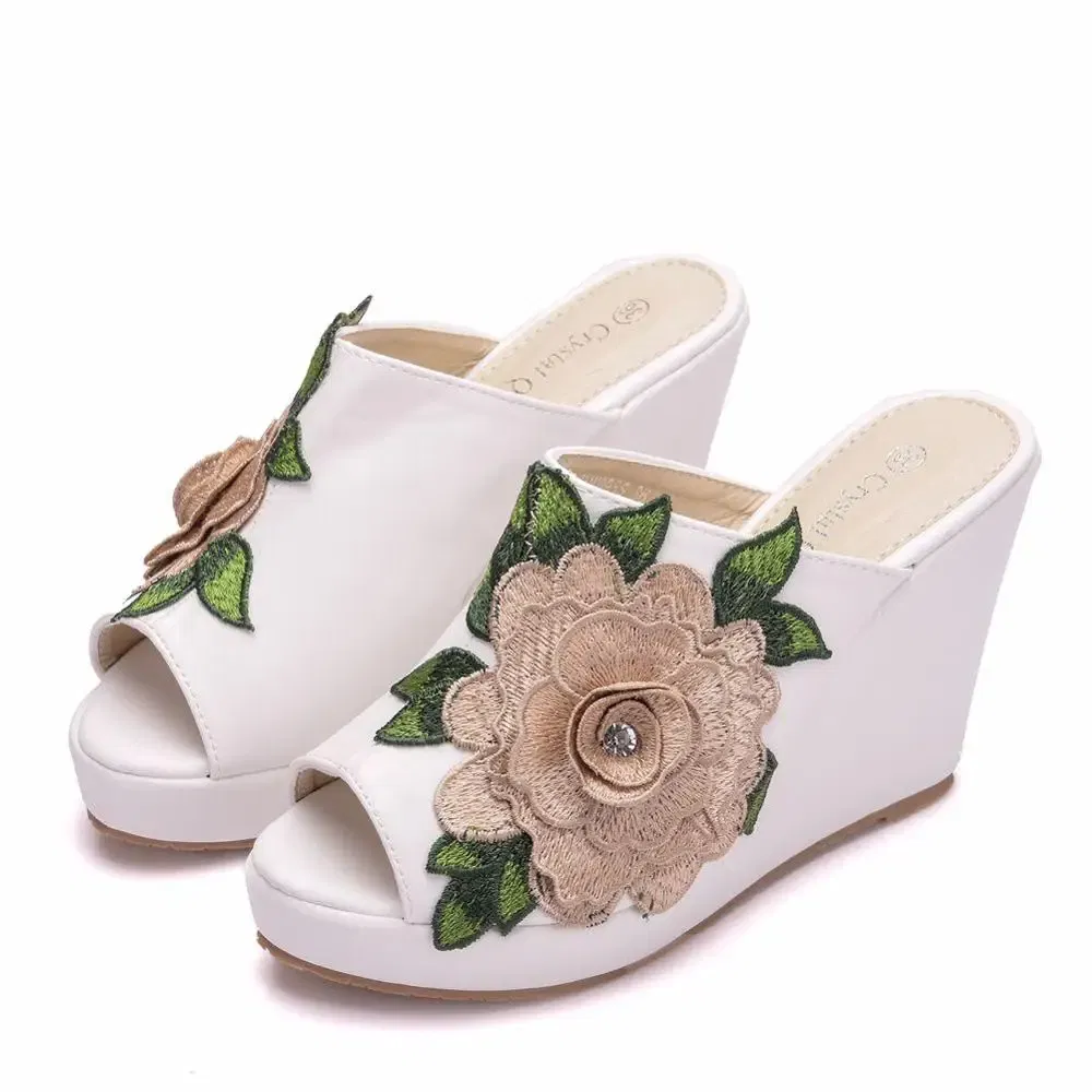 Color: Beige, Shoe Size: 36 - Crystal Queen Black White Peep Toe Platform Wedges High Heels Slippers Beach Sandals Women Lace Flower