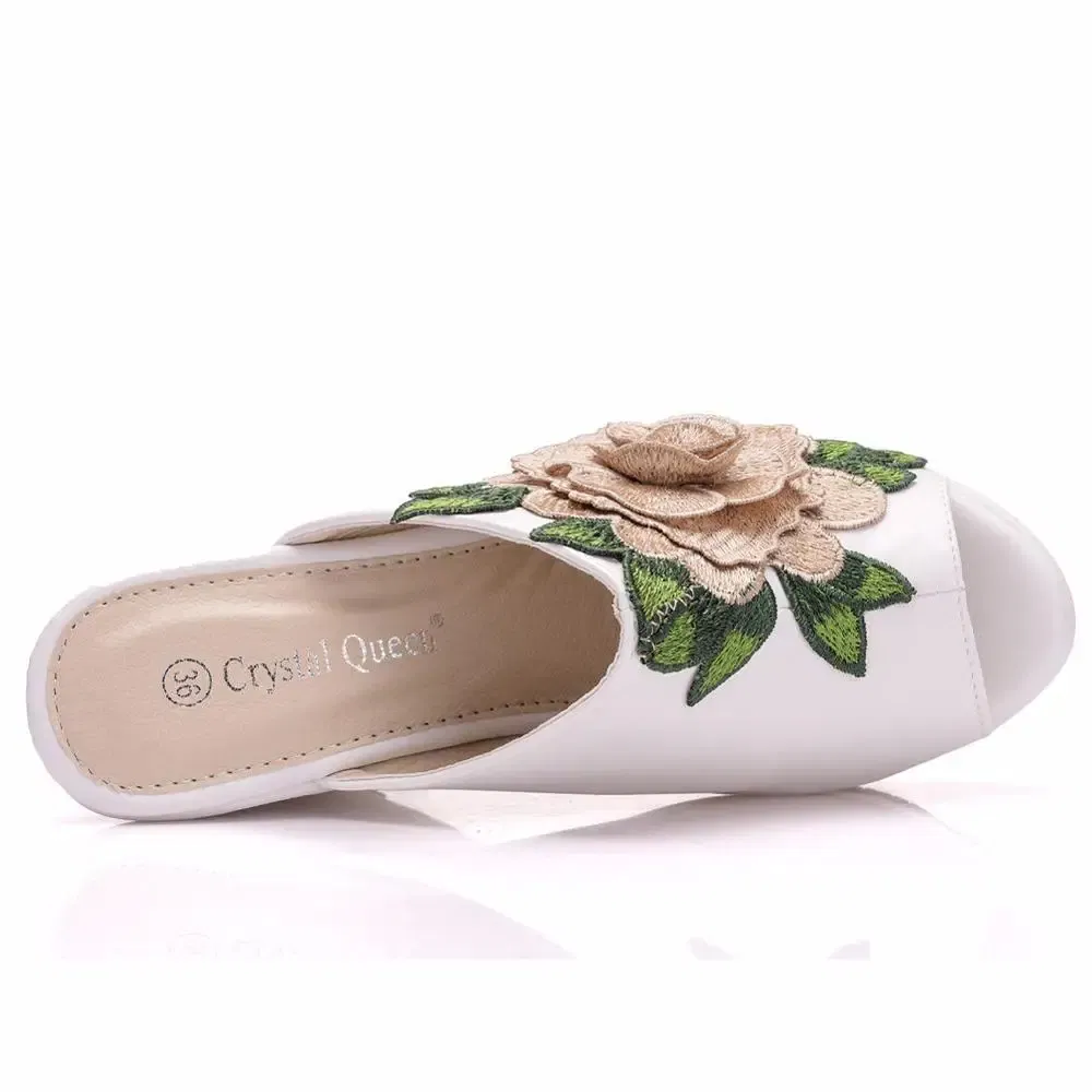 Color: Beige, Shoe Size: 36 - Crystal Queen Black White Peep Toe Platform Wedges High Heels Slippers Beach Sandals Women Lace Flower