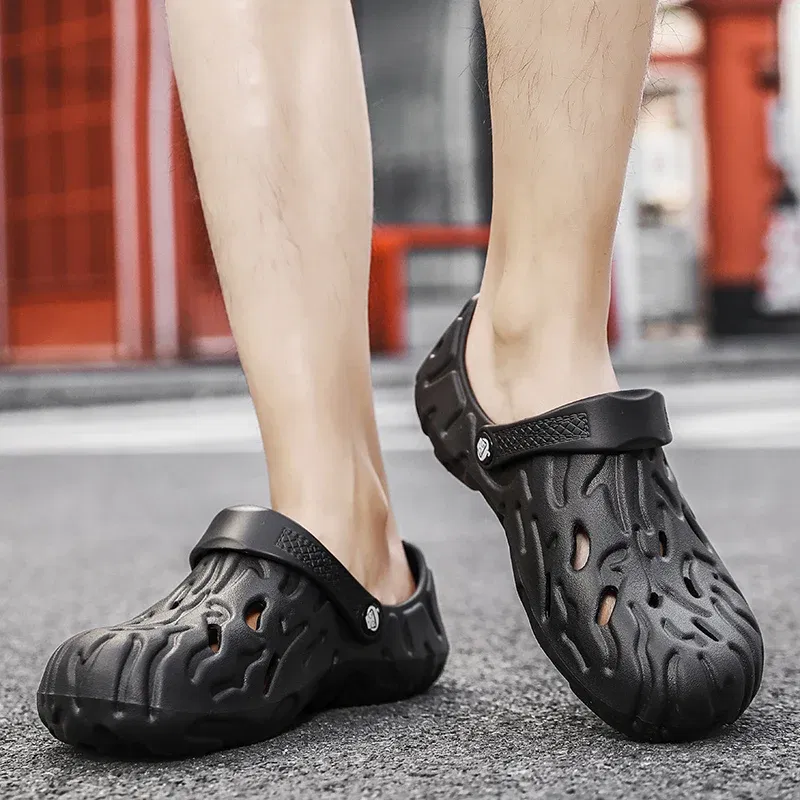 Color: Dark Grey, Shoe Size: 39 - Men Summer Slippers Thick Sole Mens Clogs Sandals Hollow Breathable Flip Flops Sandals Shoes Fashion Beach Slippers