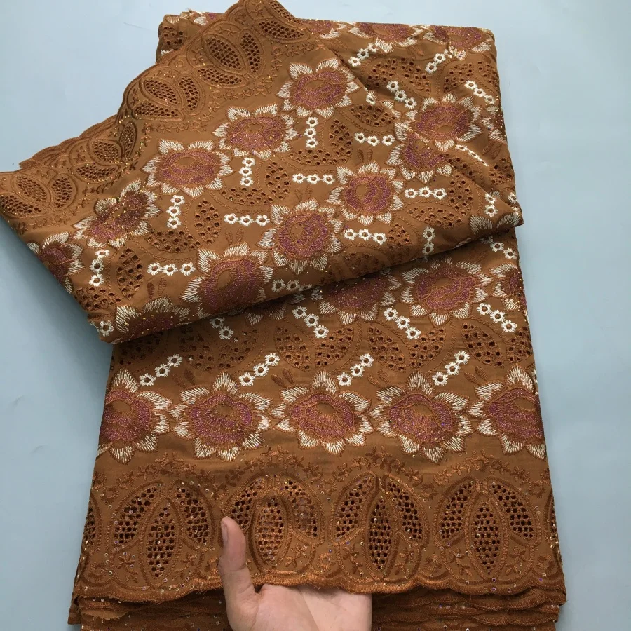 Color: BROWN, length: 5 yards, Width: 120cm - White Swiss Lace Fabric High Quality 5 Yards Embroidered Nigerian Cotton Lace Fabric 2025 African Party Dress for Women A4182
