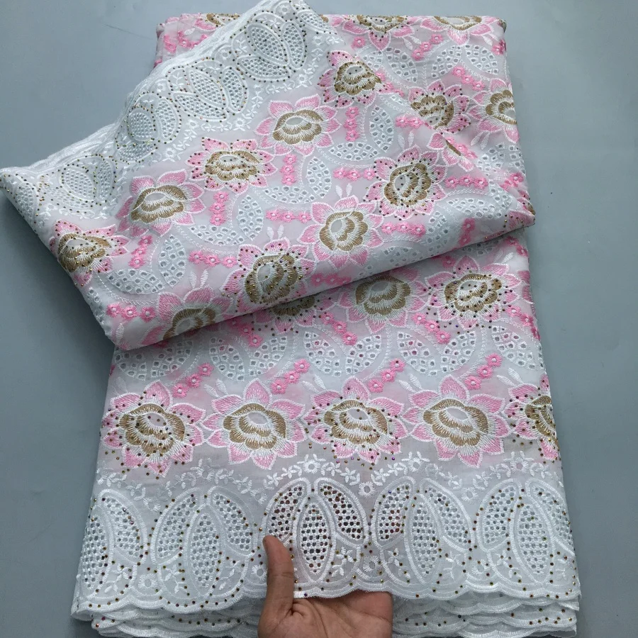 Color: BROWN, length: 5 yards, Width: 120cm - White Swiss Lace Fabric High Quality 5 Yards Embroidered Nigerian Cotton Lace Fabric 2025 African Party Dress for Women A4182