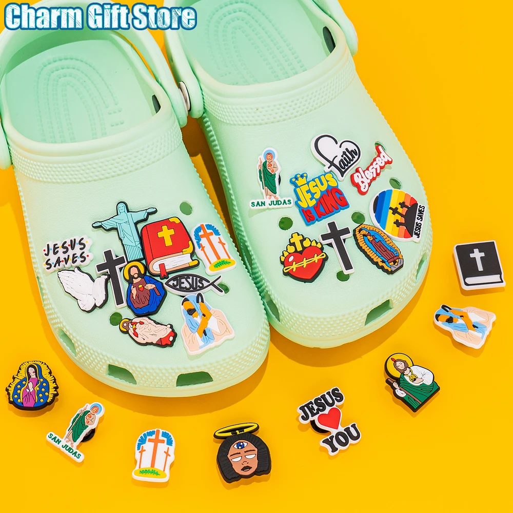 Color: Yellow - 1pcs New Shoe Charm Religion PVC Clog Charms Crucifix Blessed Virgin Mary Clog Pin Clips Jeans Garden Sandal Shoe Decoration