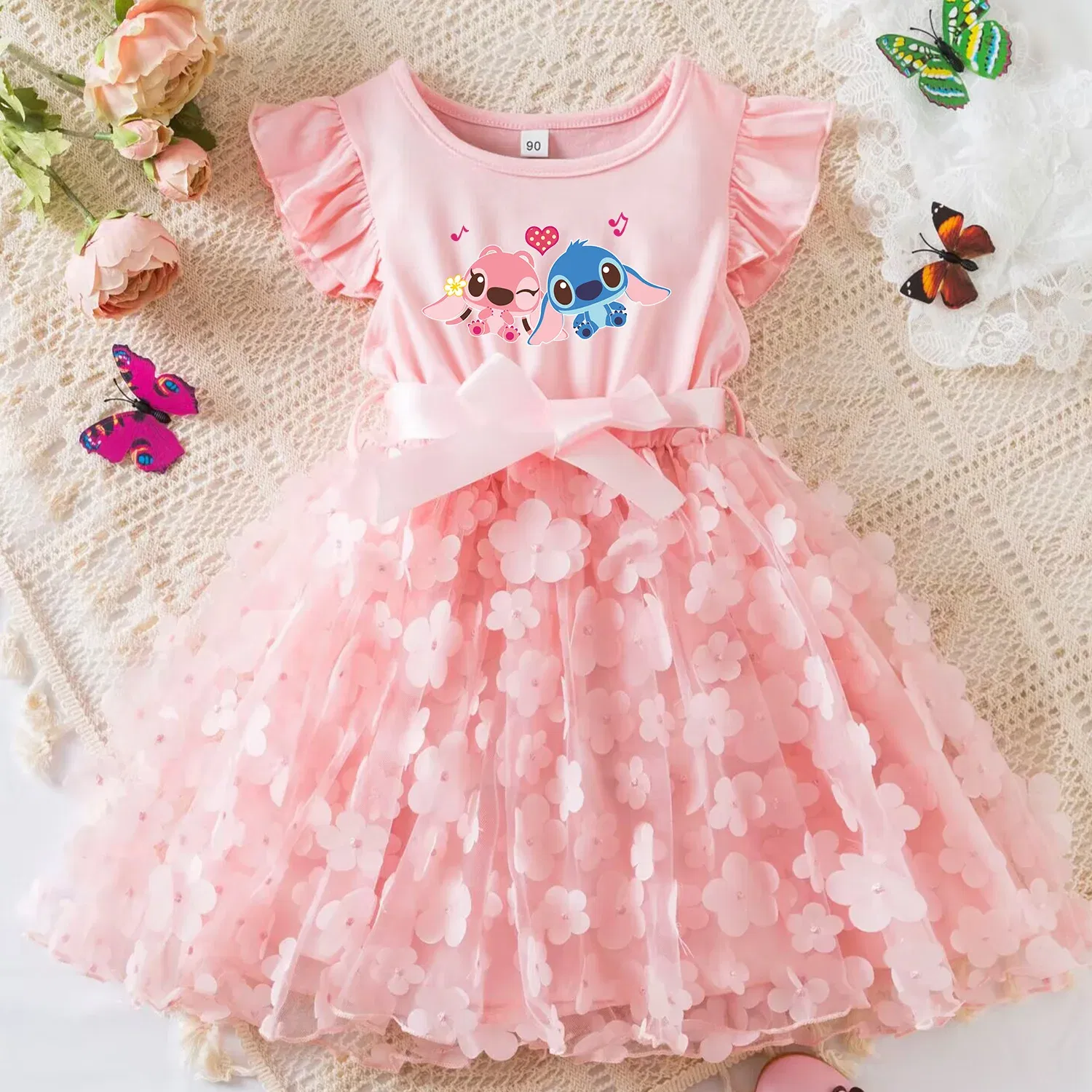Color: GRAY, Size: M - 3D Butterfly Cute Lilo Stitch Summer Dress for Kid's Casual Clothes Baby Girls Beautiful Princess Dress Party Dresses 2-6 Yrs