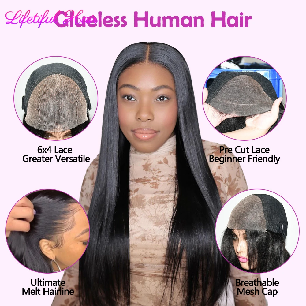 Hair Color: #1B, Density: 200%, Ships From: CHINA, Stretched Length: 30inches - 32 Inch 6x4 Bone Straight Human Hair Wigs Glueless Wig Human Hair Ready To Wear Pre-cut Brazilian 100% Human Hair Wigs For Women