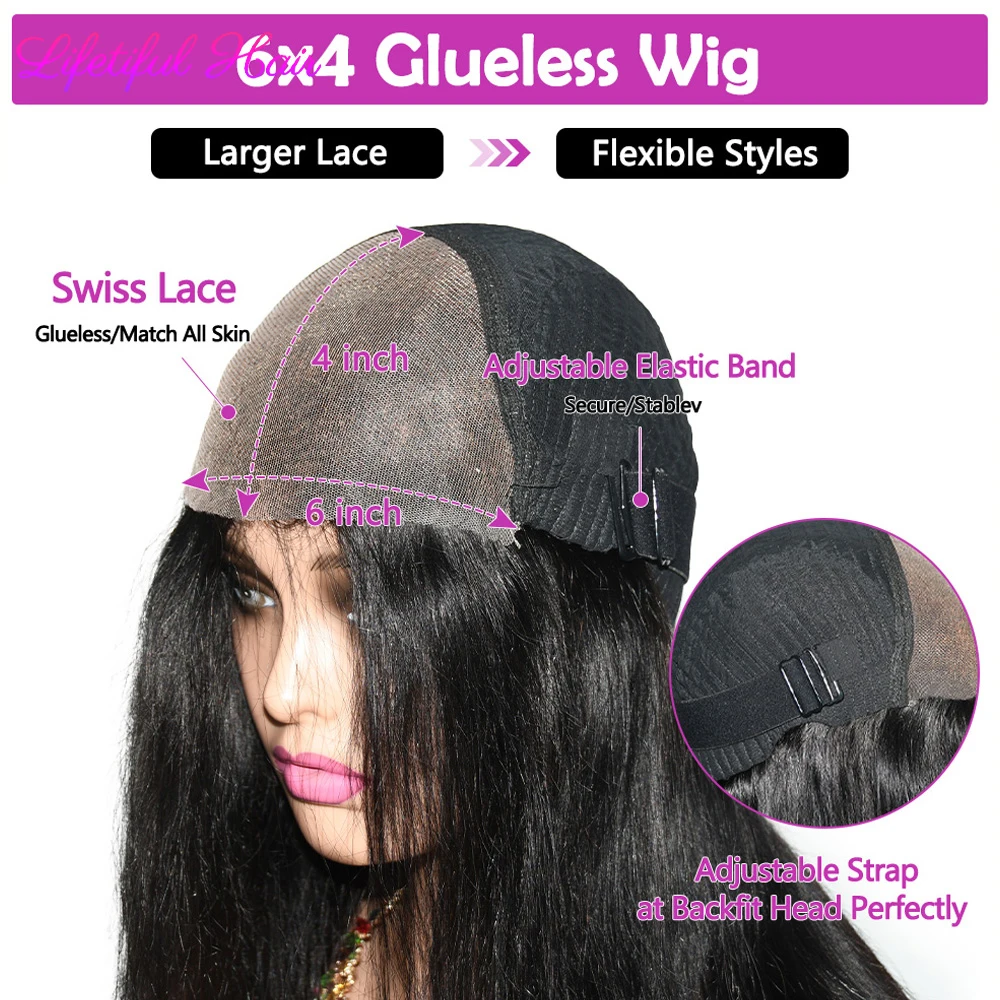 Hair Color: #1B, Density: 200%, Ships From: CHINA, Stretched Length: 30inches - 32 Inch 6x4 Bone Straight Human Hair Wigs Glueless Wig Human Hair Ready To Wear Pre-cut Brazilian 100% Human Hair Wigs For Women