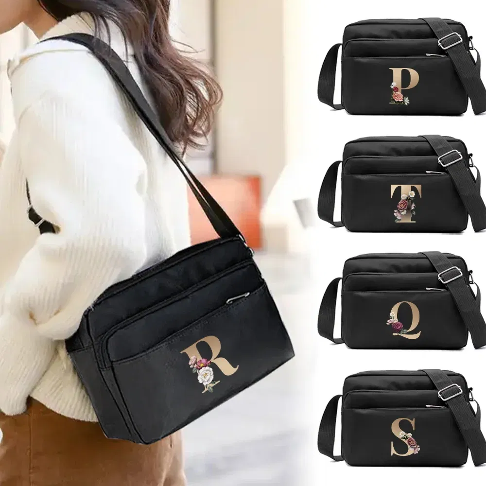 Color: army green - New Fashion Multi-layer Travel Leisure Simple Storage Bag Black Gold Letter Series Printing Pattern One Shoulder Crossbody Bag