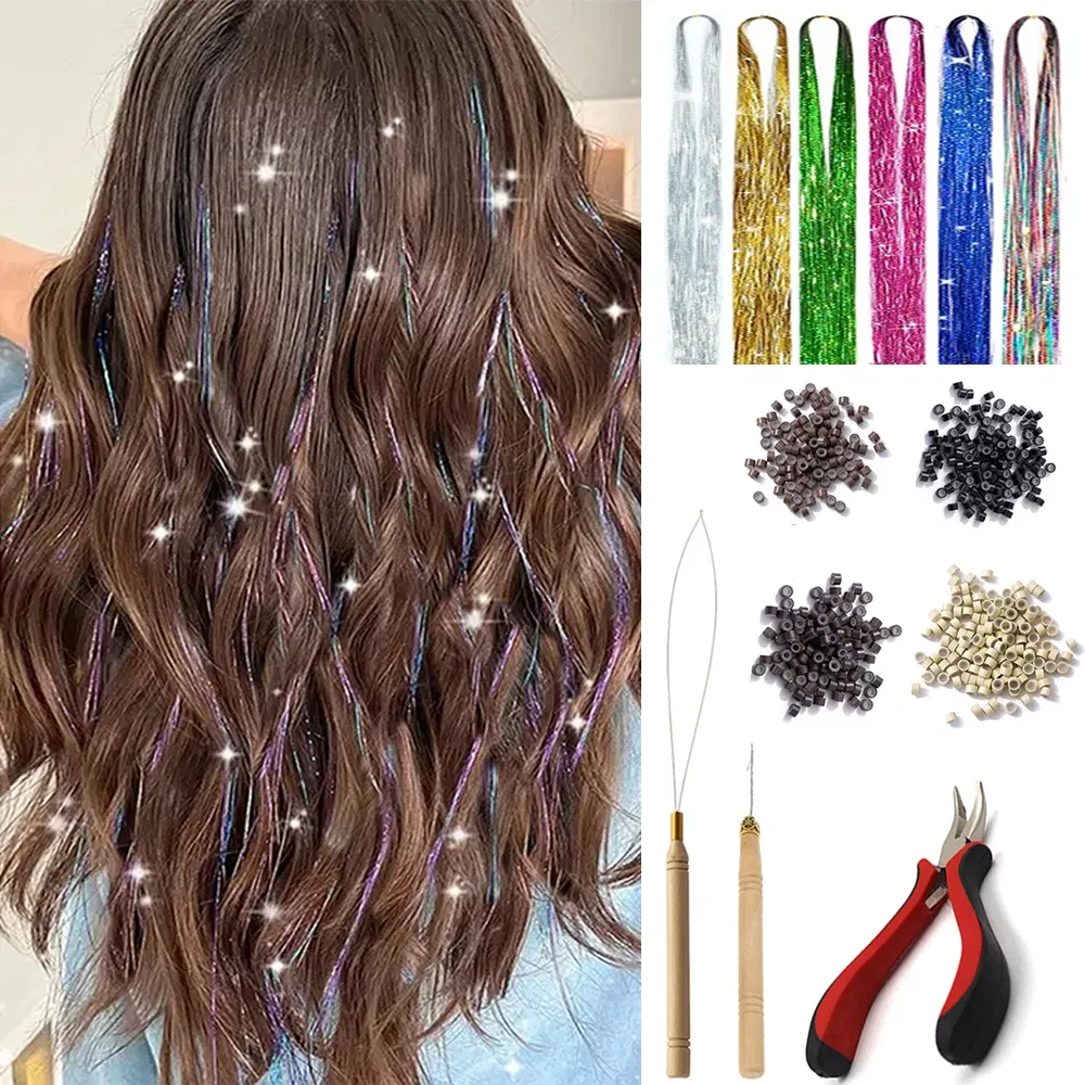Color: 24/613#, Stretched Length: 26inches - 48 Inch Hair Tinsel Kit With Tool 1200 strands Tinsel Hair Extensions 12 Colors Fairy Hair Tinsel, Sparkling Shiny Hair Tinsel