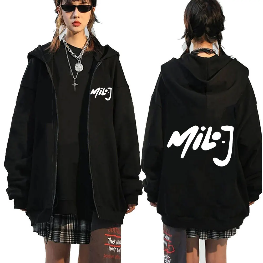 Color: black, Size: XL - Rapper Milo J Logo Merch Zipper Hoodies Men's Women Fashion Hip Hop Zip Up Hooded Sweatshirts Casual Oversized Jackets Pullovers