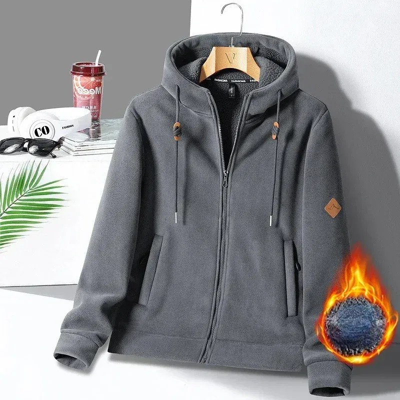 Color: GRAY, Size: S - Winter Warm Cashmere Jacket Mens High-end Ski Fleece Iined Thickened Hoodie Coat Casual Womens Outdoor Camping Cold-proof Jacket