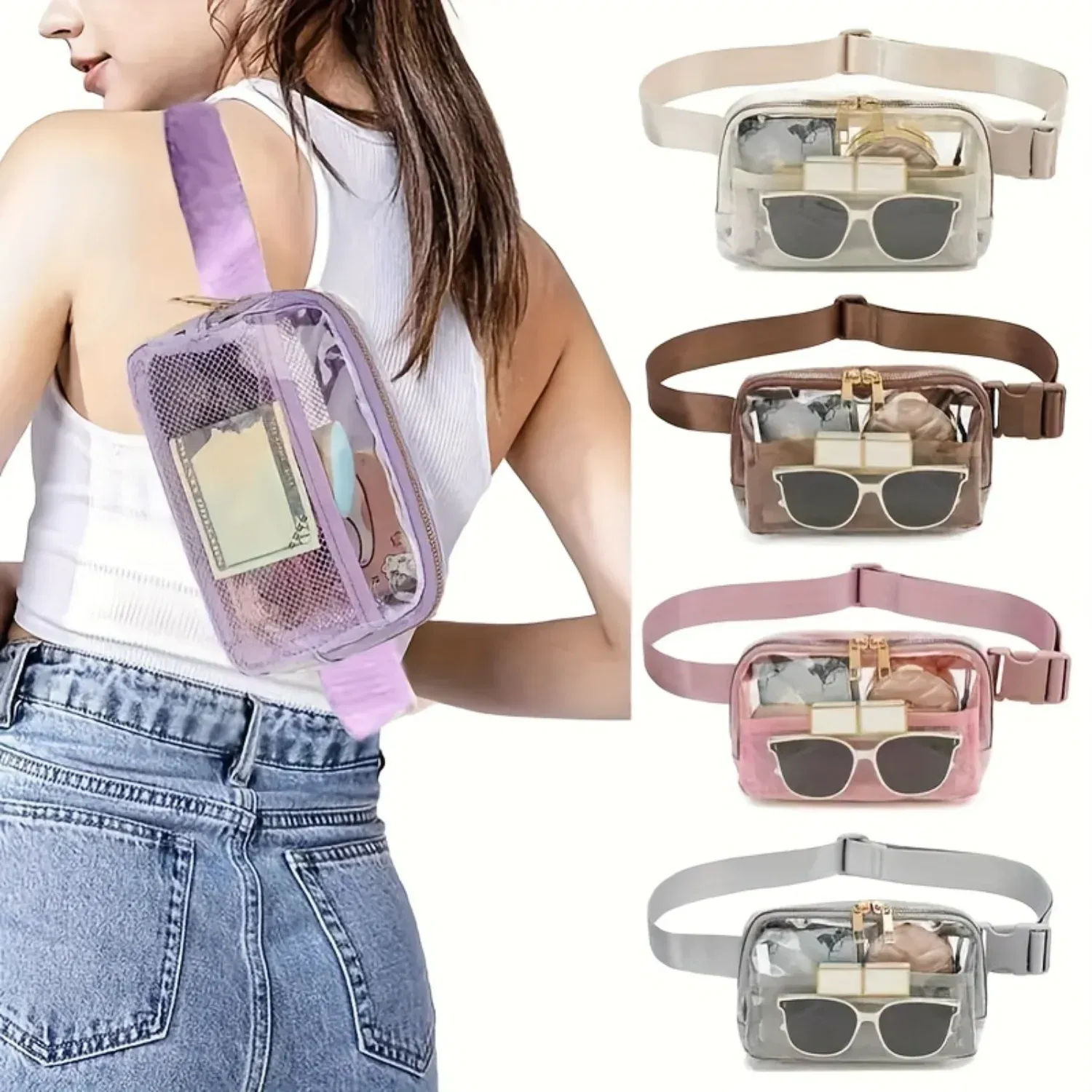 Color: WHITE, Ships From: CHINA - Transparent PVC Waist Pack - Fashion Zipper Fanny Pack for Sports Events, Concerts, Travel & Beach - Universal Fit, Solid Color,