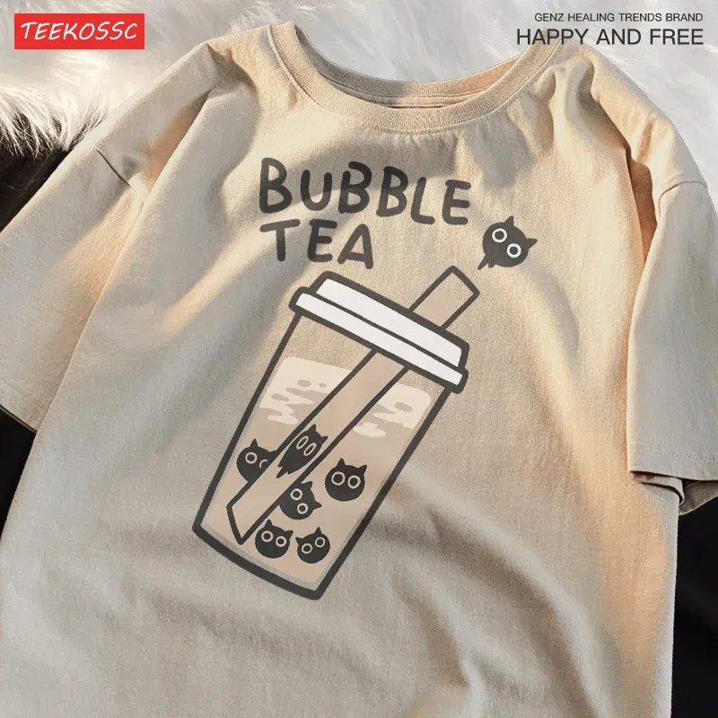 Color: Blue, Size: XL - Cat Pearl Milk Tea Cartoonmans T Shirt Fitting Loose Tee Clothing Leisure Shoulder Drop T-Shirts Pleasure Cool Short Sleeved